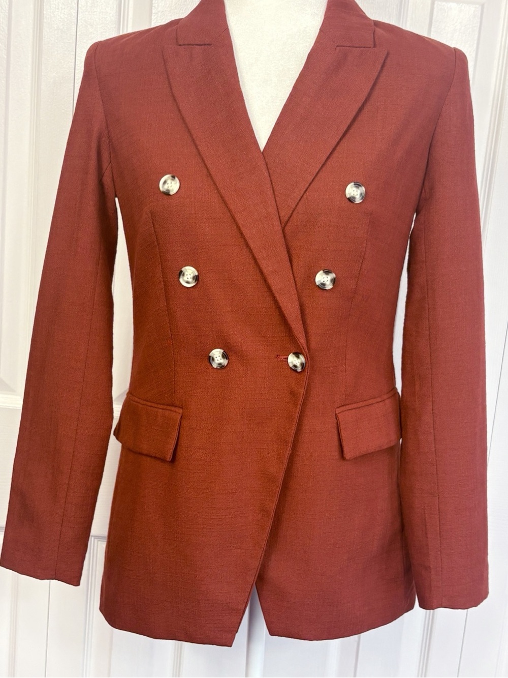 Nine West Terracotta Rust Red Double Breasted Long Sleeve Blazer Jacket XS